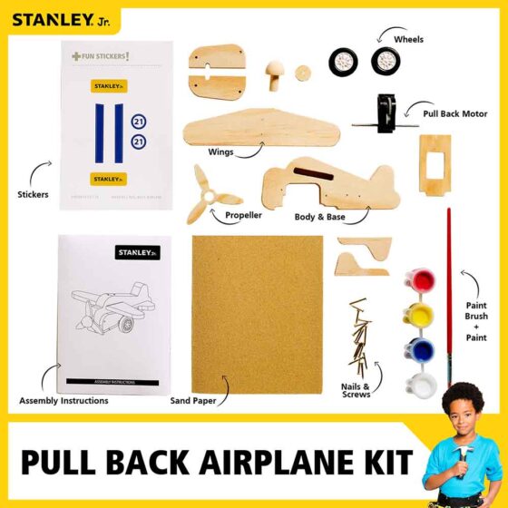 Stanley Jr. Pull Back Airplane with 7 Piece Toolset - Complete Kit for Kids,  Beginner Skill Level, Fully Functional Wheels - Perfect Learning Gift in  the Kids Project Kits department at