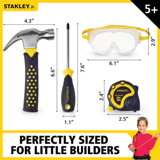 STANLEY JR 5 PC KIDS FIRST REAL TOOL SET HAMMER SCREWDRIVER TAPE MEASURE GOGGLES 